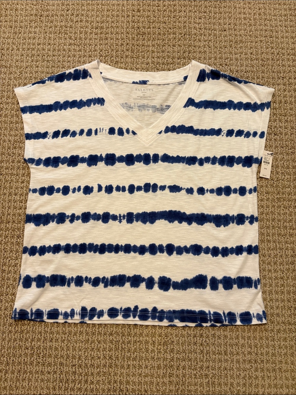 Talbots White and Navy Stripe V-Neck Short Sleeve Tee